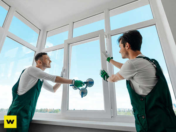 Zwei Handwerker montieren ein modernes Fenster mit professionellem Werkzeug im Neubau.